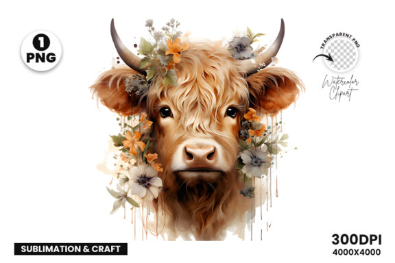 Watercolor Cute Baby Highland Cow Sublimation Clipart PNG