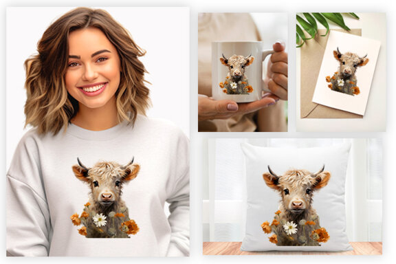 Watercolor Cute Baby Highland Cow Sublimation Clipart PNG