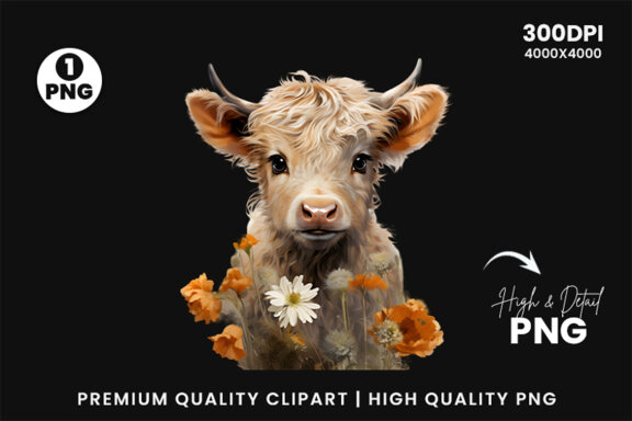 Watercolor Cute Baby Highland Cow Sublimation Clipart PNG