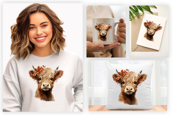Watercolor Cute Baby Highland Cow Sublimation Clipart PNG