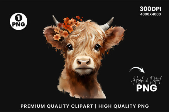 Watercolor Cute Baby Highland Cow Sublimation Clipart PNG