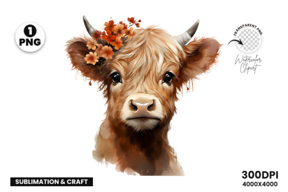 Watercolor Cute Baby Highland Cow Sublimation Clipart PNG