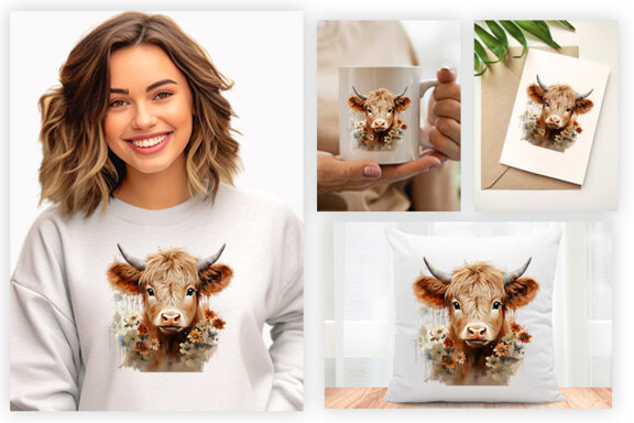 Watercolor Cute Baby Highland Cow Sublimation Clipart PNG