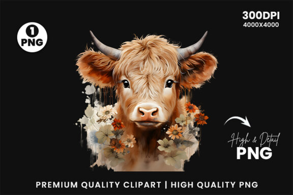 Watercolor Cute Baby Highland Cow Sublimation Clipart PNG