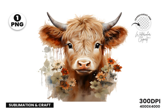 Watercolor Cute Baby Highland Cow Sublimation Clipart PNG