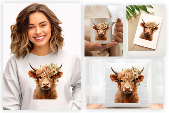 Watercolor Cute Baby Highland Cow Sublimation Clipart PNG