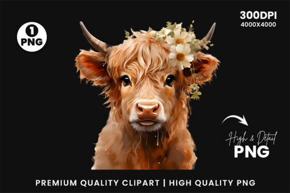 Watercolor Cute Baby Highland Cow Sublimation Clipart PNG