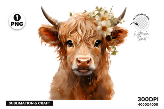 Watercolor Cute Baby Highland Cow Sublimation Clipart PNG