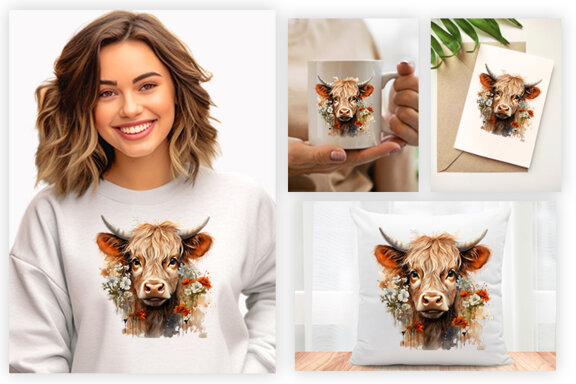 Watercolor Cute Baby Highland Cow Sublimation Clipart PNG