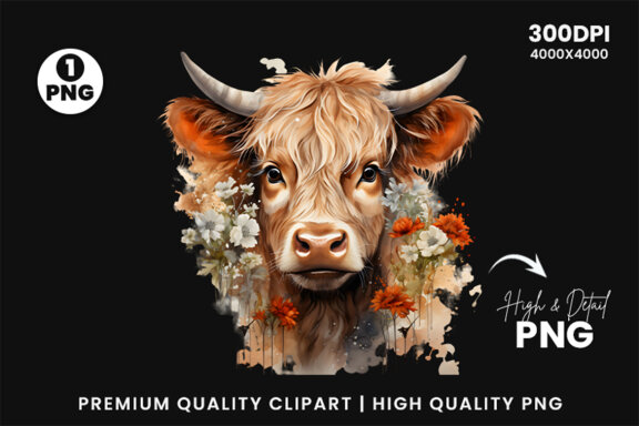 Watercolor Cute Baby Highland Cow Sublimation Clipart PNG