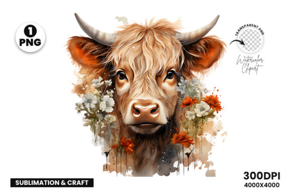 Watercolor Cute Baby Highland Cow Sublimation Clipart PNG