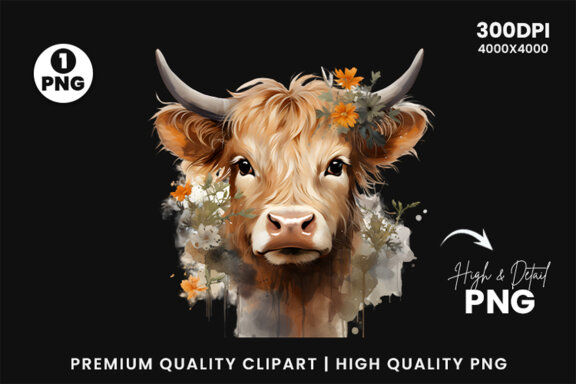 Watercolor Cute Baby Highland Cow Sublimation Clipart PNG