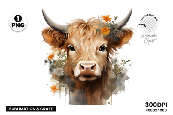 Watercolor Cute Baby Highland Cow Sublimation Clipart PNG