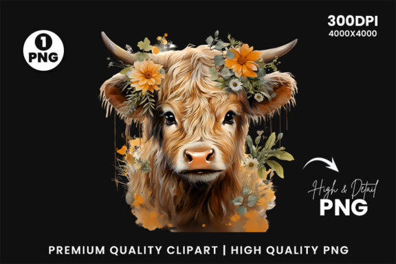 Watercolor Cute Baby Highland Cow Sublimation Clipart PNG