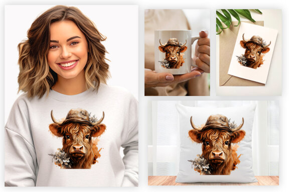 Watercolor Cute Baby Highland Cow Sublimation Clipart PNG