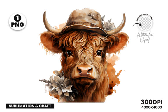 Watercolor Cute Baby Highland Cow Sublimation Clipart PNG