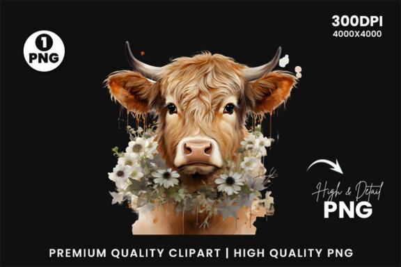 Watercolor Cute Baby Highland Cow Sublimation Clipart PNG