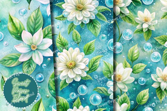 Pack Of 6 Digital Papers - Flowers And Bubble In Watercolor