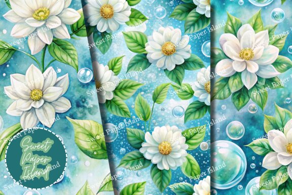 Pack Of 6 Digital Papers - Flowers And Bubble In Watercolor