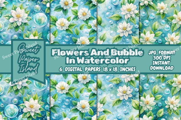 Pack Of 6 Digital Papers - Flowers And Bubble In Watercolor