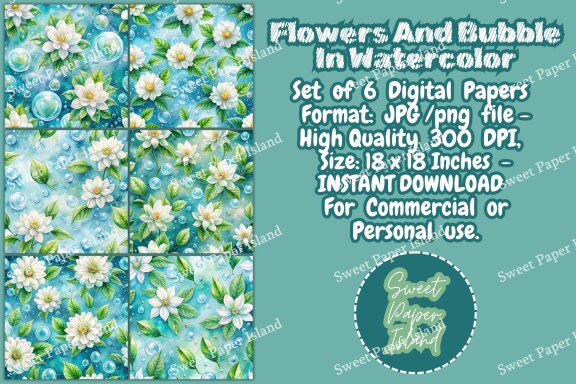 Pack Of 6 Digital Papers - Flowers And Bubble In Watercolor