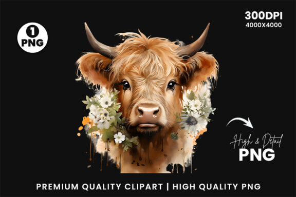 Watercolor Cute Baby Highland Cow Sublimation Clipart PNG