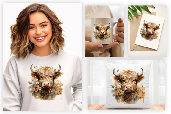 Watercolor Cute Baby Highland Cow Sublimation Clipart PNG