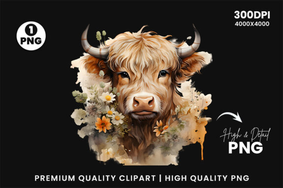 Watercolor Cute Baby Highland Cow Sublimation Clipart PNG