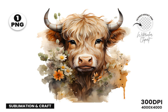 Watercolor Cute Baby Highland Cow Sublimation Clipart PNG