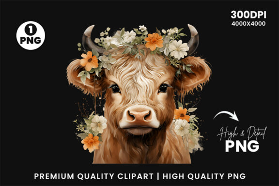 Watercolor Cute Baby Highland Cow Sublimation Clipart PNG
