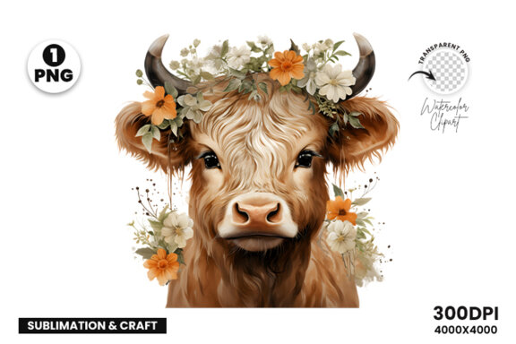 Watercolor Cute Baby Highland Cow Sublimation Clipart PNG