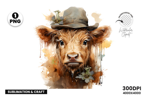 Watercolor Cute Baby Highland Cow Sublimation Clipart PNG