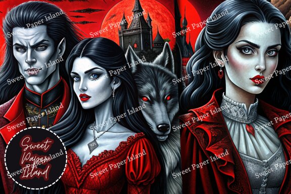 Pack Of 8 Digital Papers - Romance Between Vampires And Wolves In Watercolor