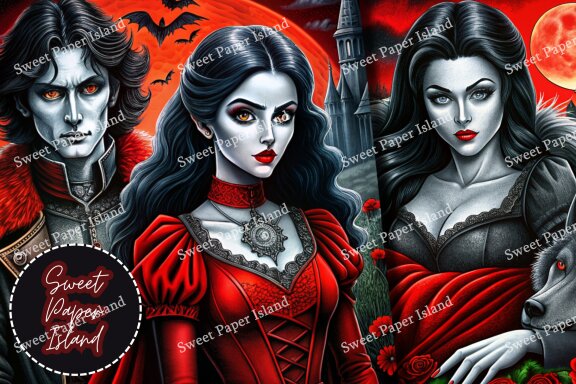 Pack Of 8 Digital Papers - Romance Between Vampires And Wolves In Watercolor
