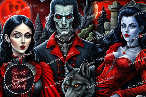 Pack Of 8 Digital Papers - Romance Between Vampires And Wolves In Watercolor