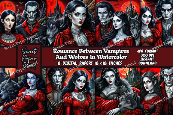 Pack Of 8 Digital Papers - Romance Between Vampires And Wolves In Watercolor