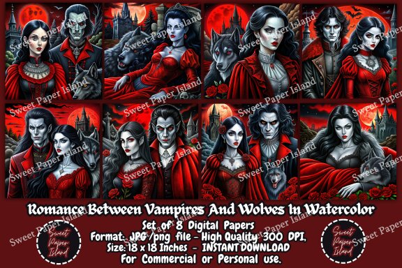 Pack Of 8 Digital Papers - Romance Between Vampires And Wolves In Watercolor