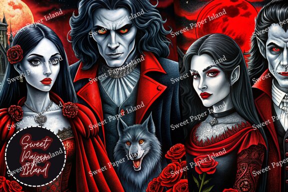 Pack Of 8 Digital Papers - Romance Between Vampires And Wolves In Watercolor