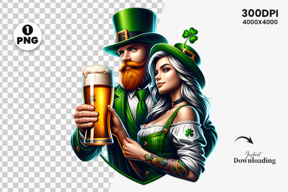 St Patrick Theme Couple hold a beer Glass Sublimation Clipart PNG