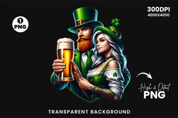 St Patrick Theme Couple hold a beer Glass Sublimation Clipart PNG
