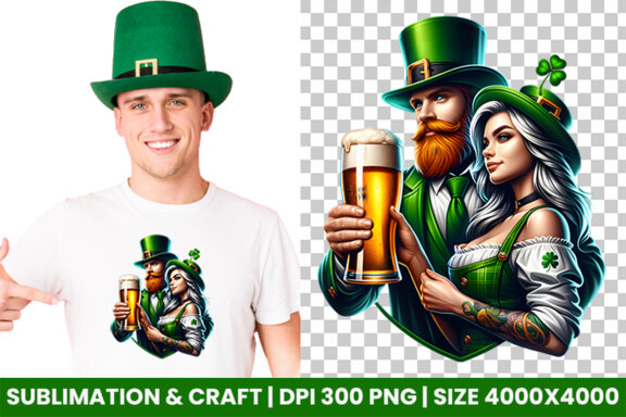 St Patrick Theme Couple hold a beer Glass Sublimation Clipart PNG