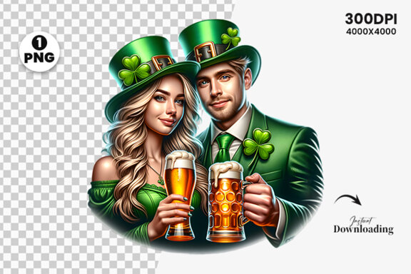 St Patrick Theme Couple hold a beer Glass Sublimation Clipart PNG