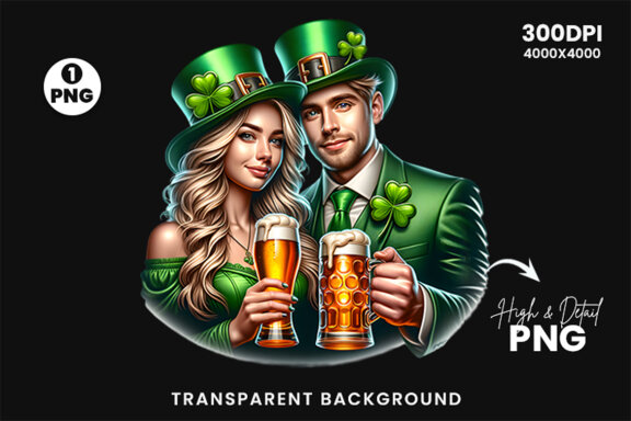 St Patrick Theme Couple hold a beer Glass Sublimation Clipart PNG