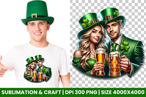 St Patrick Theme Couple hold a beer Glass Sublimation Clipart PNG