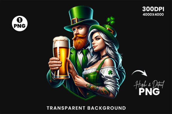 St Patrick Theme Couple hold a beer Glass Sublimation Clipart PNG