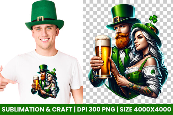 St Patrick Theme Couple hold a beer Glass Sublimation Clipart PNG