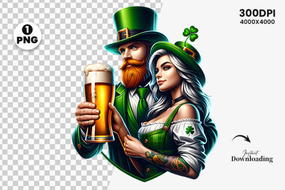 St Patrick Theme Couple hold a beer Glass Sublimation Clipart PNG