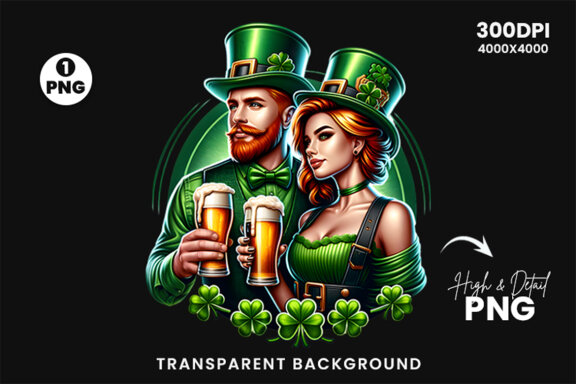 St Patrick Theme Couple hold a beer Glass Sublimation Clipart PNG