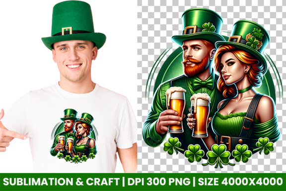 St Patrick Theme Couple hold a beer Glass Sublimation Clipart PNG