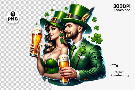 St Patrick Theme Couple hold a beer Glass Sublimation Clipart PNG